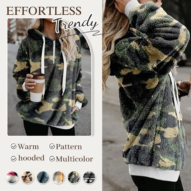 Women's Long Sleeve Half-Zipper Fluff Hoodie Pullover Sweatshirt