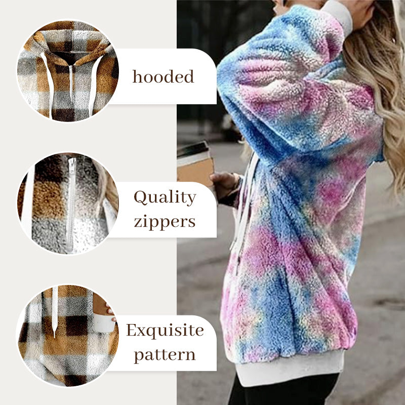 Women's Long Sleeve Half-Zipper Fluff Hoodie Pullover Sweatshirt