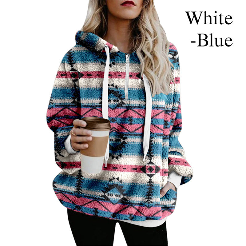 Women's Long Sleeve Half-Zipper Fluff Hoodie Pullover Sweatshirt