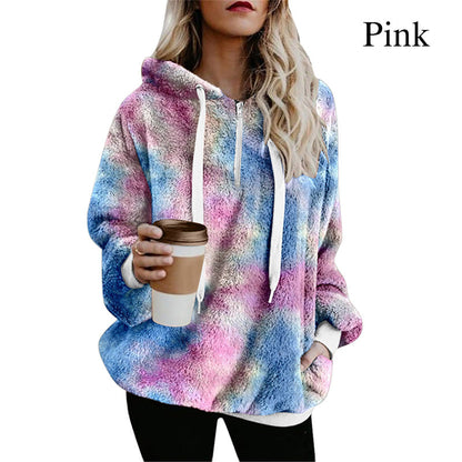 Women's Long Sleeve Half-Zipper Fluff Hoodie Pullover Sweatshirt