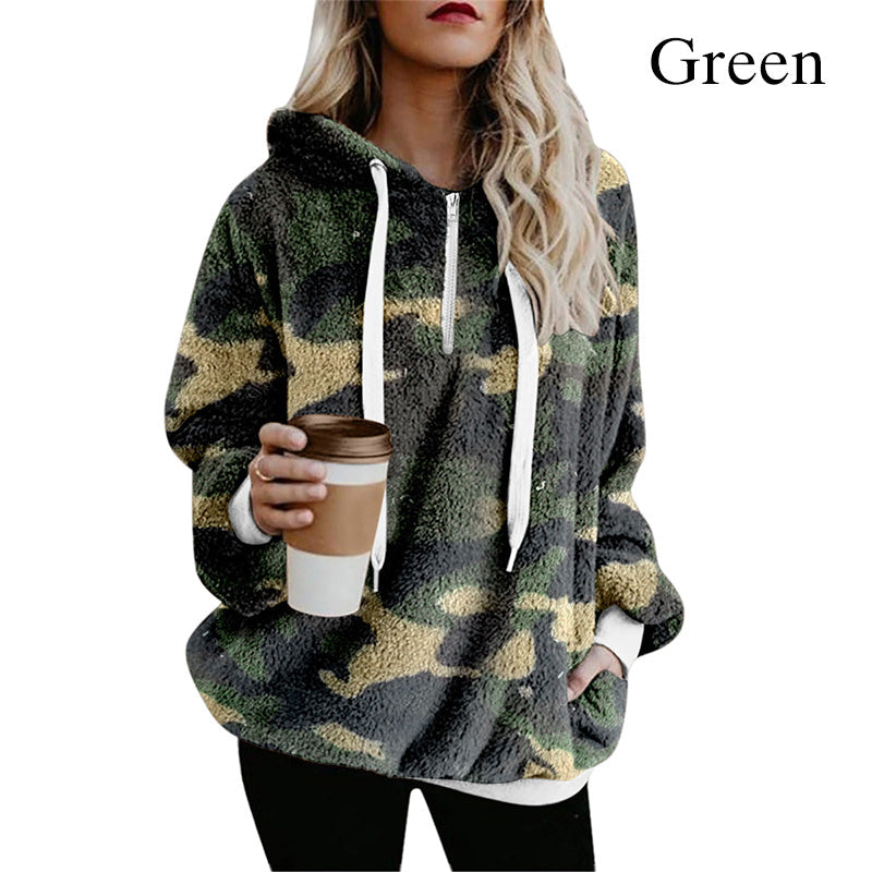 Women's Long Sleeve Half-Zipper Fluff Hoodie Pullover Sweatshirt