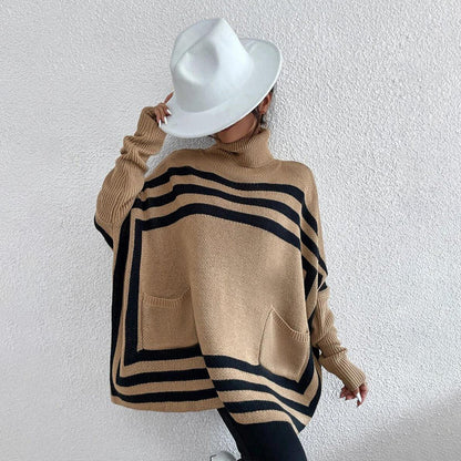 Women's Batwing Sleeve Knitted Striped Turtleneck Sweater