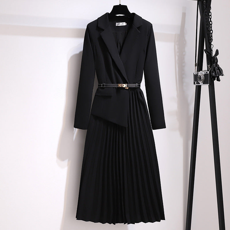 🔥🖤Black Friday Sale🔥Asymmetrical Patchwork Pleated Blazer Dress with Belt