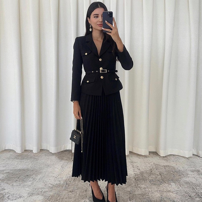 🖤Black Friday Sale:50% OFF🖤Women's Lapel Blazer & Pleated Maxi Skirt 2-Piece Set with Matching Belt