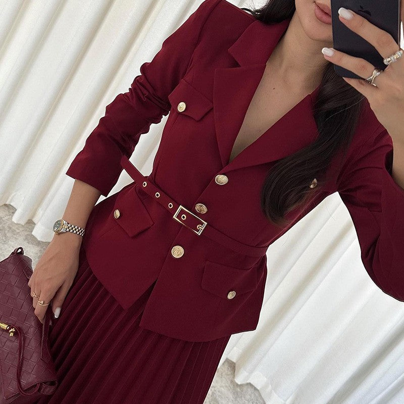 🖤Black Friday Sale:50% OFF🖤Women's Lapel Blazer & Pleated Maxi Skirt 2-Piece Set with Matching Belt