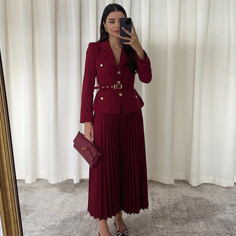 🖤Black Friday Sale:50% OFF🖤Women's Lapel Blazer & Pleated Maxi Skirt 2-Piece Set with Matching Belt