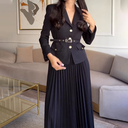 🖤Black Friday Sale:50% OFF🖤Women's Lapel Blazer & Pleated Maxi Skirt 2-Piece Set with Matching Belt