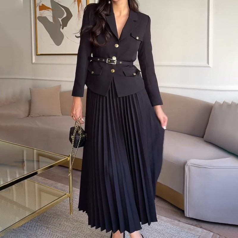 🖤Black Friday Sale:50% OFF🖤Women's Lapel Blazer & Pleated Maxi Skirt 2-Piece Set with Matching Belt