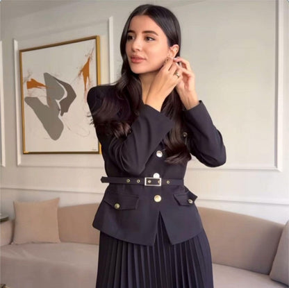 🖤Black Friday Sale:50% OFF🖤Women's Lapel Blazer & Pleated Maxi Skirt 2-Piece Set with Matching Belt