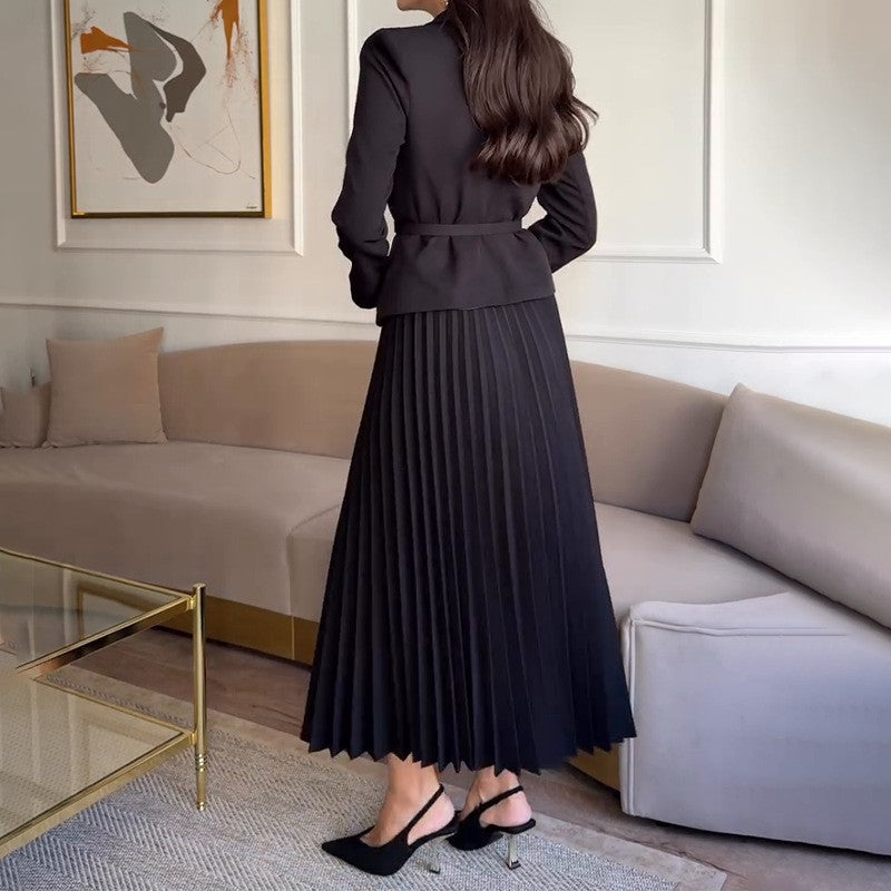 🖤Black Friday Sale:50% OFF🖤Women's Lapel Blazer & Pleated Maxi Skirt 2-Piece Set with Matching Belt