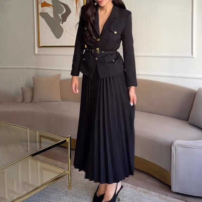 🖤Black Friday Sale:50% OFF🖤Women's Lapel Blazer & Pleated Maxi Skirt 2-Piece Set with Matching Belt