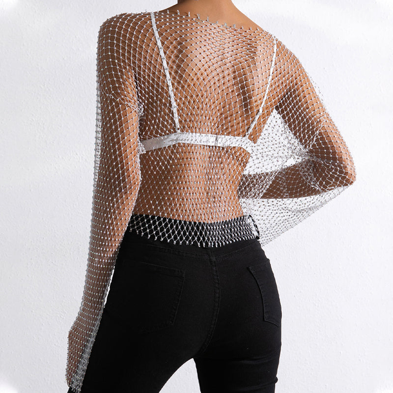 🖤Black Friday Sale:50% OFF🖤Women's Sexy Rhinestone Fishnet Crop Top