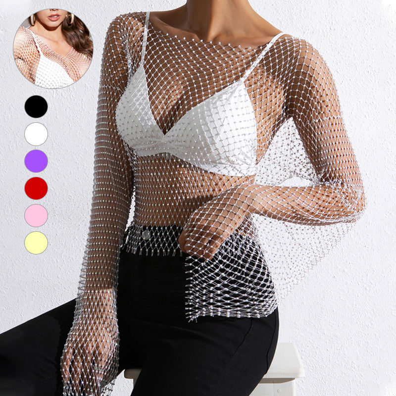 🖤Black Friday Sale:50% OFF🖤Women's Sexy Rhinestone Fishnet Crop Top