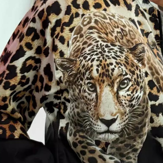 ✨Získejte 50% slevu💖Dámská krátká bunda na zip s tygrem & Leopardí vzor