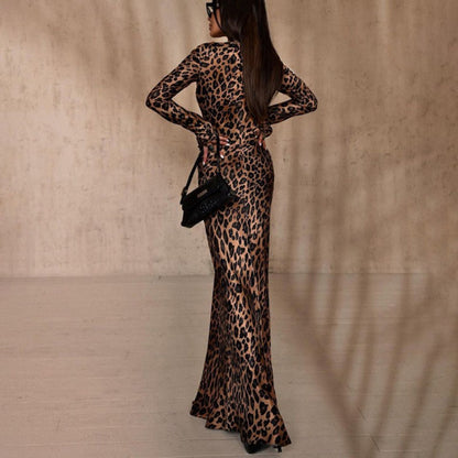 Women's Sexy Leopard Dress with Round Neck & Extra Long Sleeves