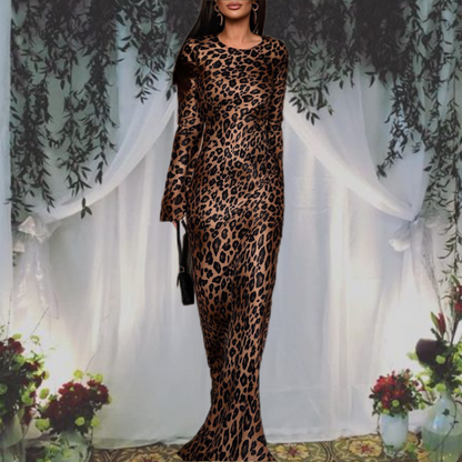 Women's Sexy Leopard Dress with Round Neck & Extra Long Sleeves