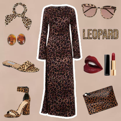 Women's Sexy Leopard Dress with Round Neck & Extra Long Sleeves