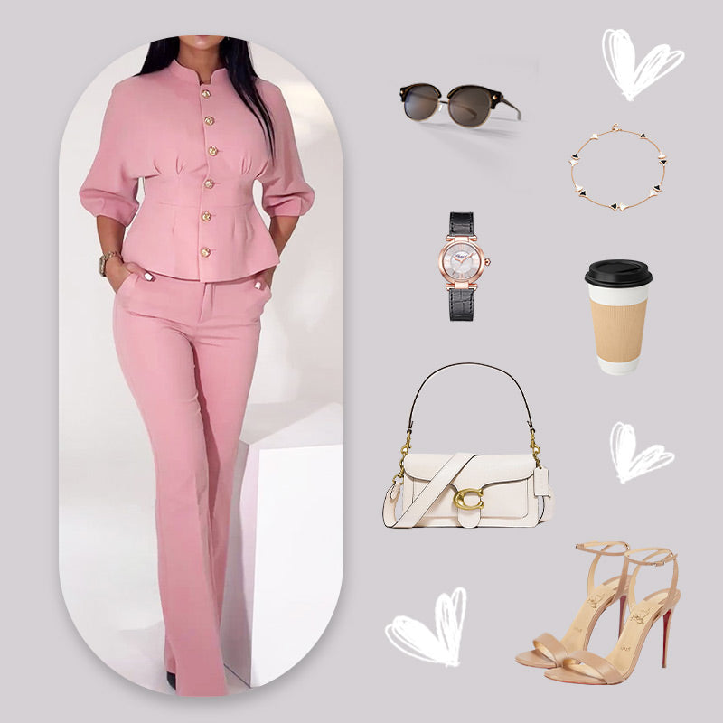 50%off💗Stylish Pink Waist Cinching Top & Pants Set