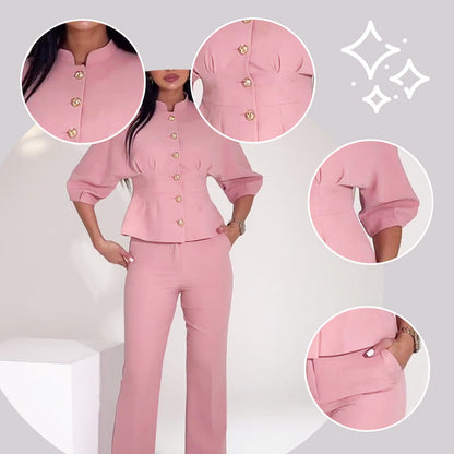 50%off💗Stylish Pink Waist Cinching Top & Pants Set