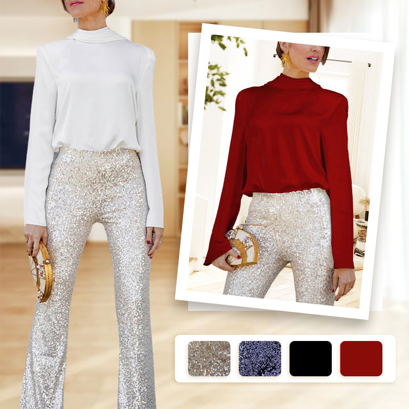 Women's Open Back Draped Blouse & Sequin Flared Pants Set