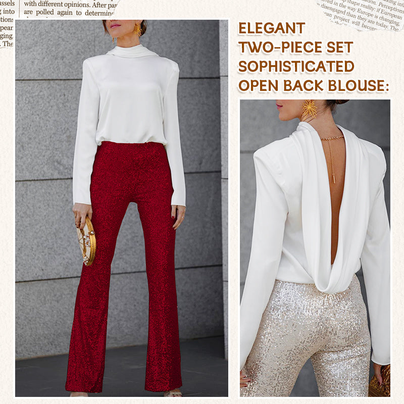 Women's Open Back Draped Blouse & Sequin Flared Pants Set