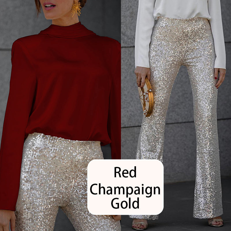 Women's Open Back Draped Blouse & Sequin Flared Pants Set