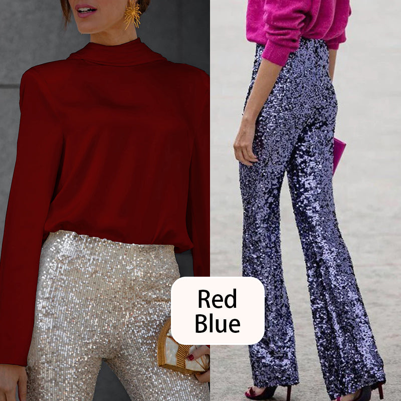 Women's Open Back Draped Blouse & Sequin Flared Pants Set