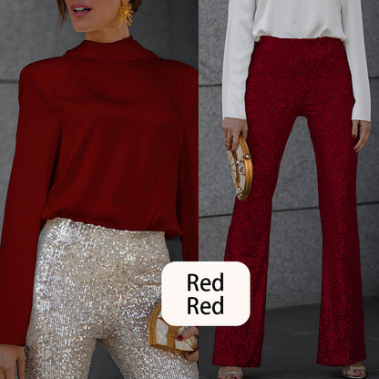 Women's Open Back Draped Blouse & Sequin Flared Pants Set