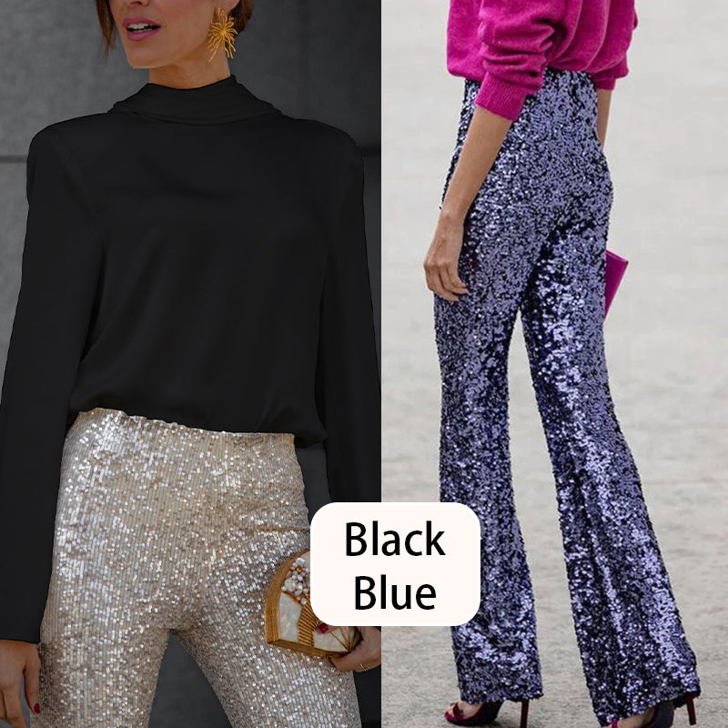 Women's Open Back Draped Blouse & Sequin Flared Pants Set