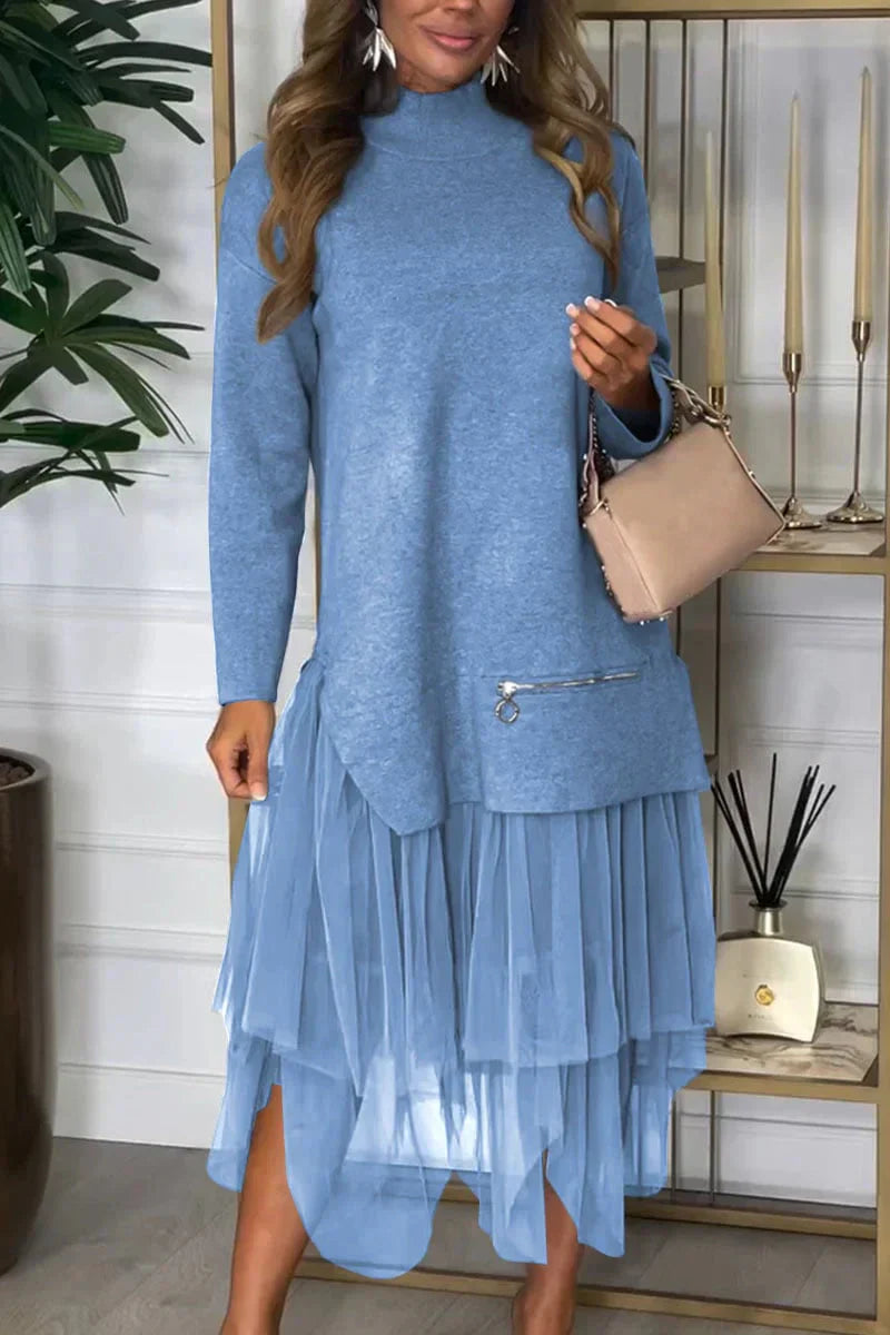 🔥Black Friday 50%OFF🔥Women's Casual Solid Color Mesh Patchwork Dress