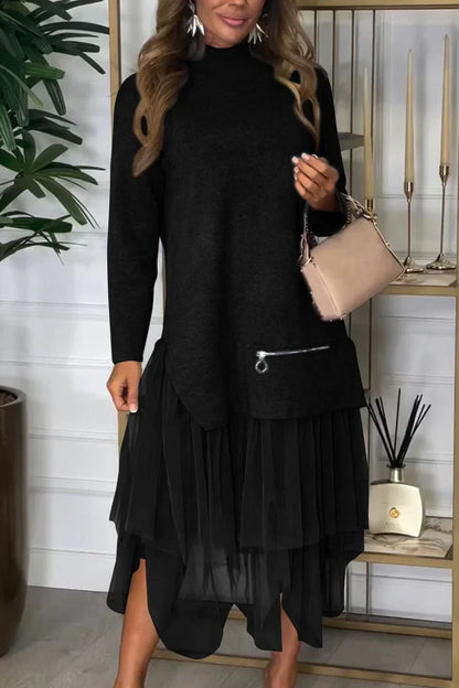 🔥Black Friday 50%OFF🔥Women's Casual Solid Color Mesh Patchwork Dress