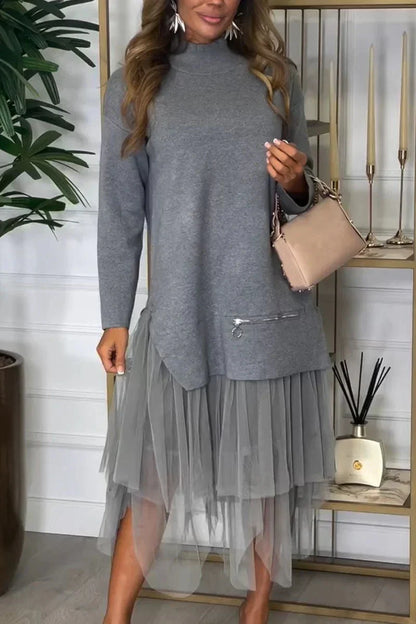 🔥Black Friday 50%OFF🔥Women's Casual Solid Color Mesh Patchwork Dress