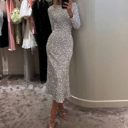 💃Party Star🌹Women's Sparkly Round-Neck Bodycon Long Dress