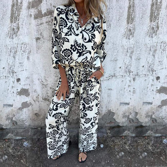 🎅Xmas Specials🎄Women’s Stylish Print Lapel Button Shirt and Wide-leg Pants (2-piece Set)