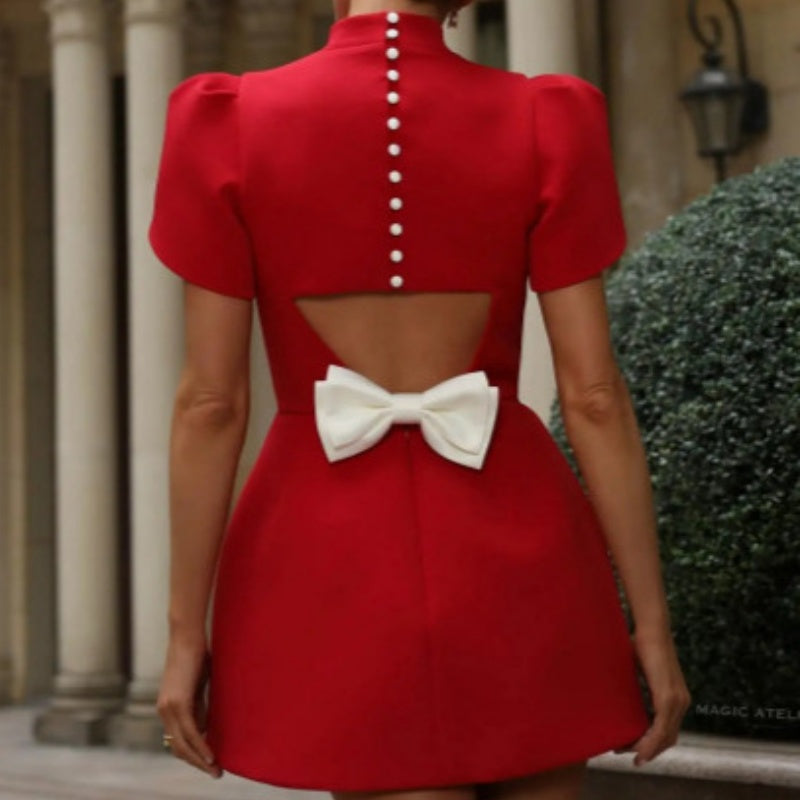 White Swan Slit Short Sleeve Backless Removable Satin Bow Mini Dress