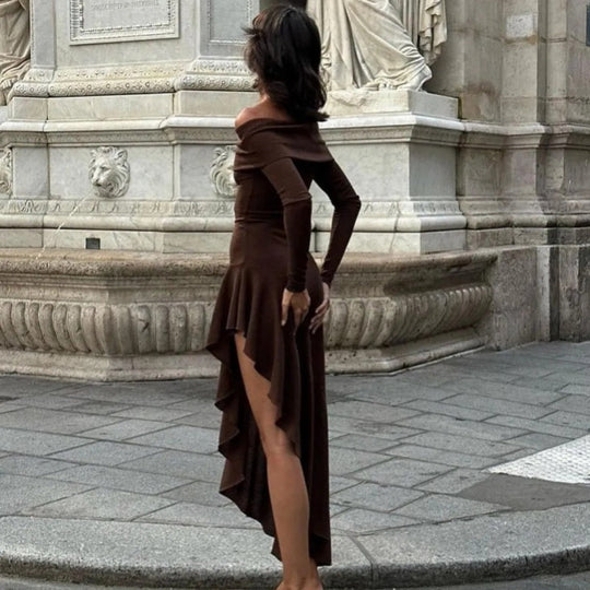 Temperament uit schouder met lange mouwen onregelmatige zoom stretch maxi jurk