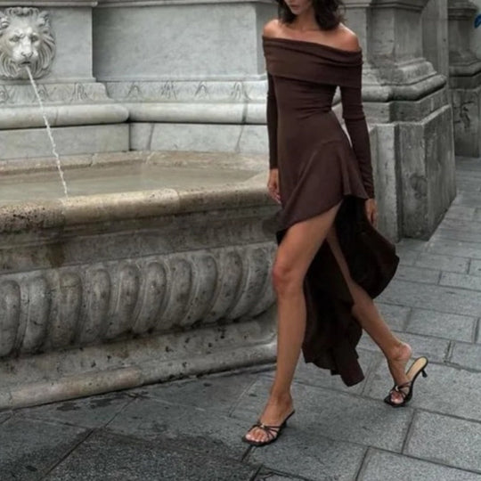 Temperament uit schouder met lange mouwen onregelmatige zoom stretch maxi jurk