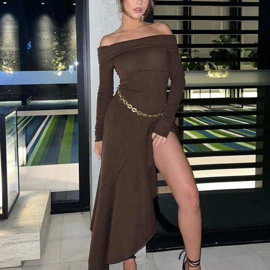 Temperament uit schouder met lange mouwen onregelmatige zoom stretch maxi jurk