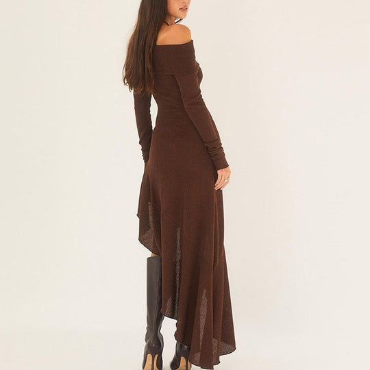 Temperament uit schouder met lange mouwen onregelmatige zoom stretch maxi jurk