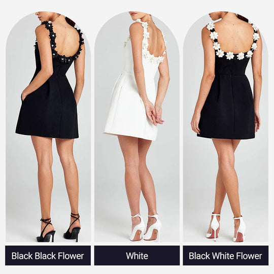 Cindy Suni İnci Çiçek Aplikeli Kare Yaka Cepli Mini Elbise