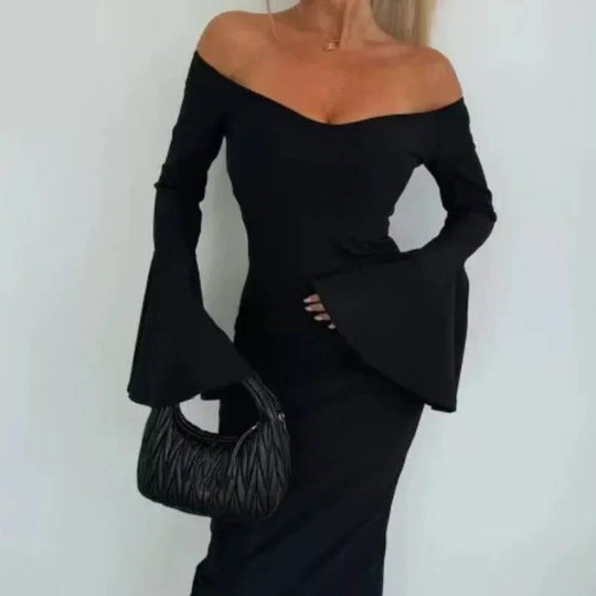 Vestido midi con mangas acampanadas y hombros descubiertos