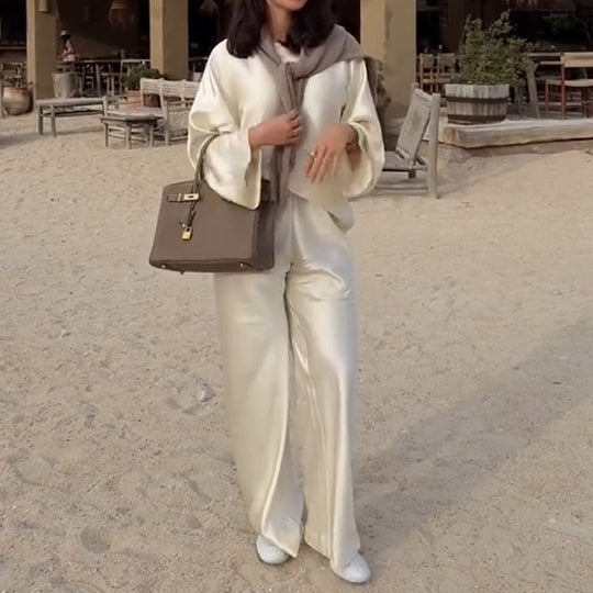 Hedvábné a elegantní saténové kalhoty s dlouhým rukávem a širokým rukávem s elastickým pasem