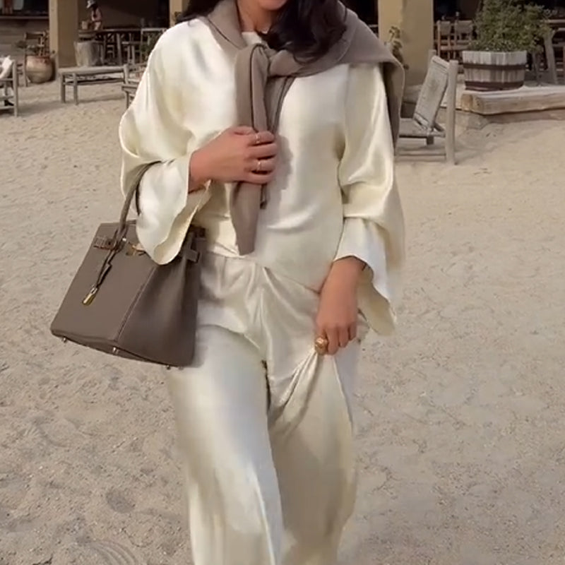 Hedvábné a elegantní saténové kalhoty s dlouhým rukávem a širokým rukávem s elastickým pasem