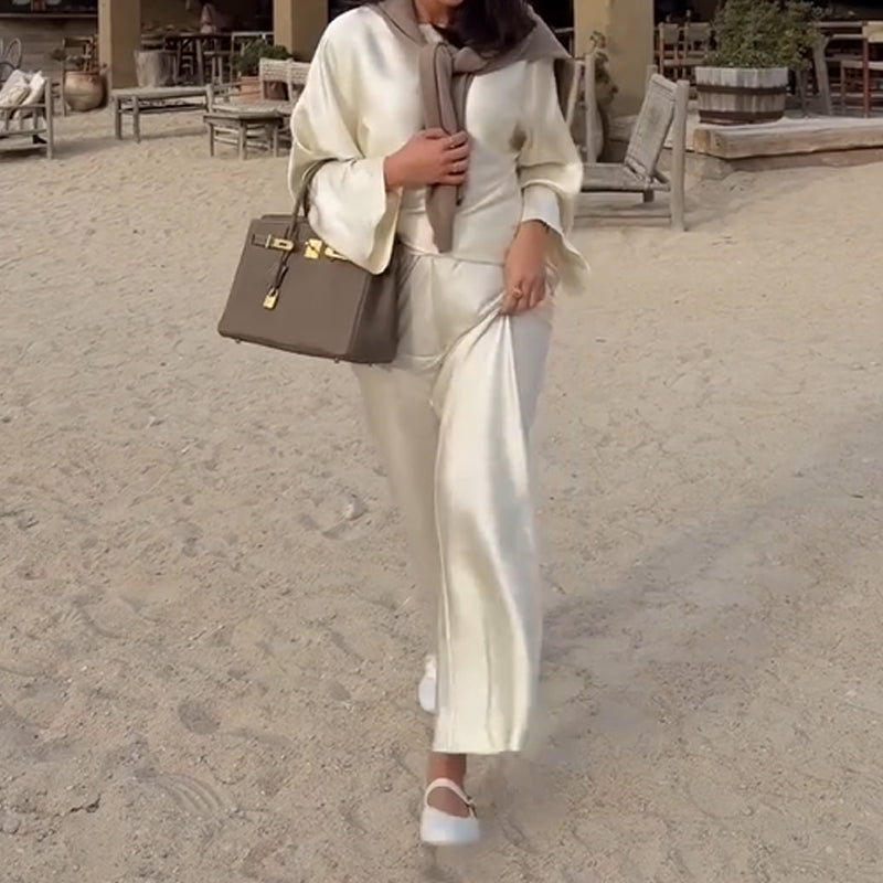 Hedvábné a elegantní saténové kalhoty s dlouhým rukávem a širokým rukávem s elastickým pasem