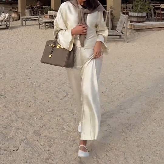 Hedvábné a elegantní saténové kalhoty s dlouhým rukávem a širokým rukávem s elastickým pasem