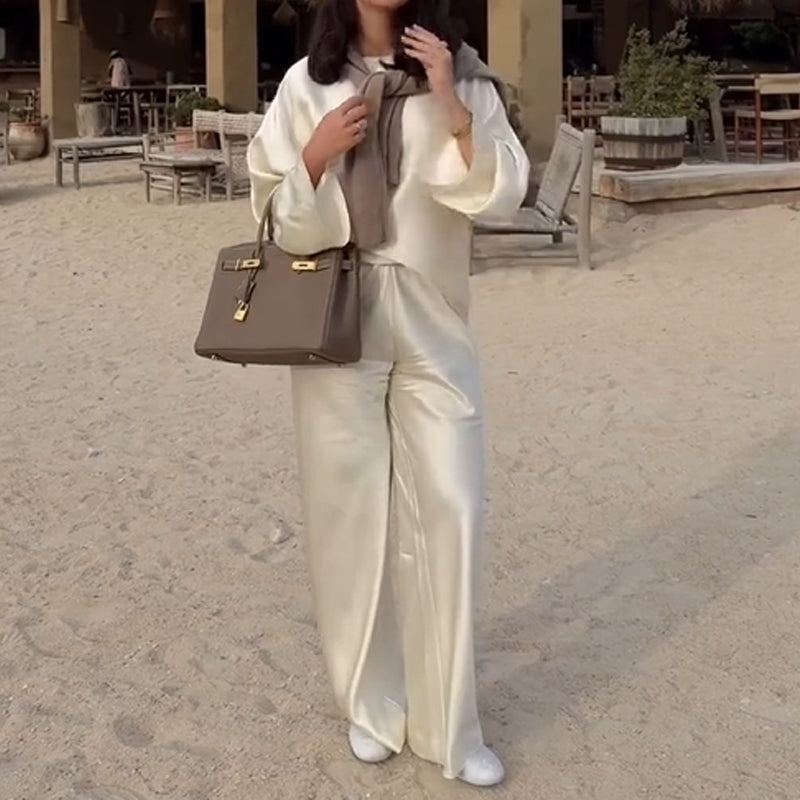 Hedvábné a elegantní saténové kalhoty s dlouhým rukávem a širokým rukávem s elastickým pasem