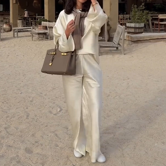 Hedvábné a elegantní saténové kalhoty s dlouhým rukávem a širokým rukávem s elastickým pasem