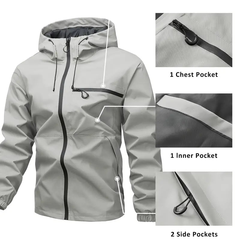 🔥LAST DAY SALE- 50% OFF⛰️Men's Plain Waterproof Windproof Drawstring Zip Up Hooded Jacket