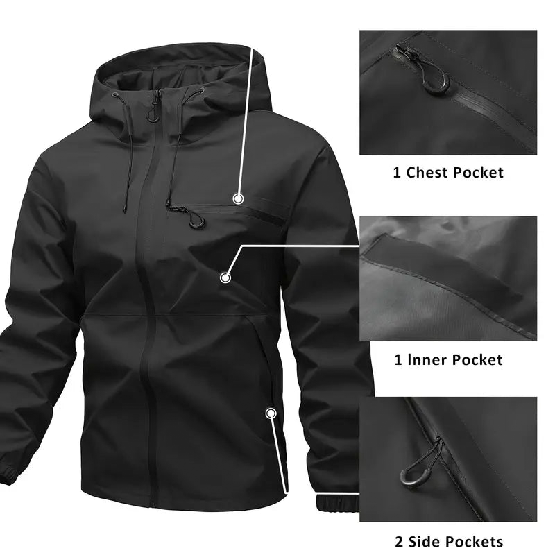 🔥LAST DAY SALE- 50% OFF⛰️Men's Plain Waterproof Windproof Drawstring Zip Up Hooded Jacket