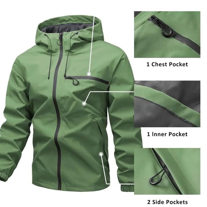 🔥LAST DAY SALE- 50% OFF⛰️Men's Plain Waterproof Windproof Drawstring Zip Up Hooded Jacket